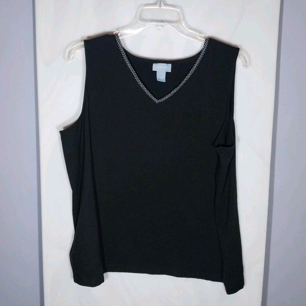 Liz & Me 3X Black Sleeveless Top Stretch Cotton V Neck Polka Dot Trim Plus Size